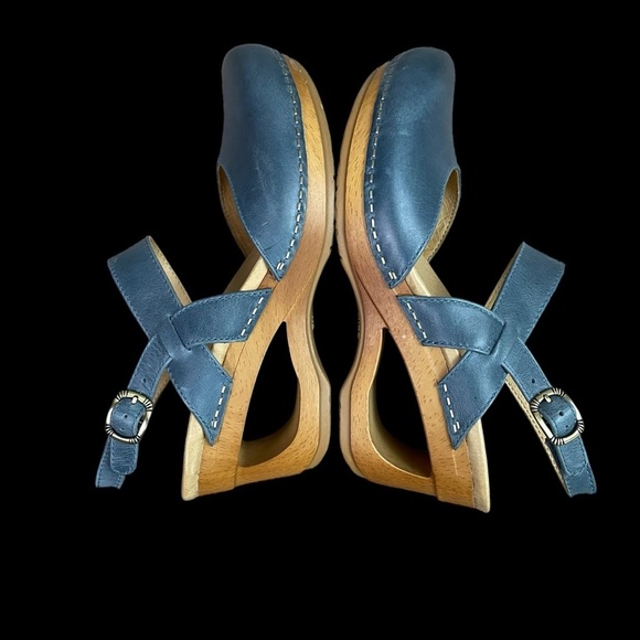 Dansko Taci Mary Jane Clogs Women’s 7 EU 37 Blue Leather Wood Cutout - Picture 7 of 13